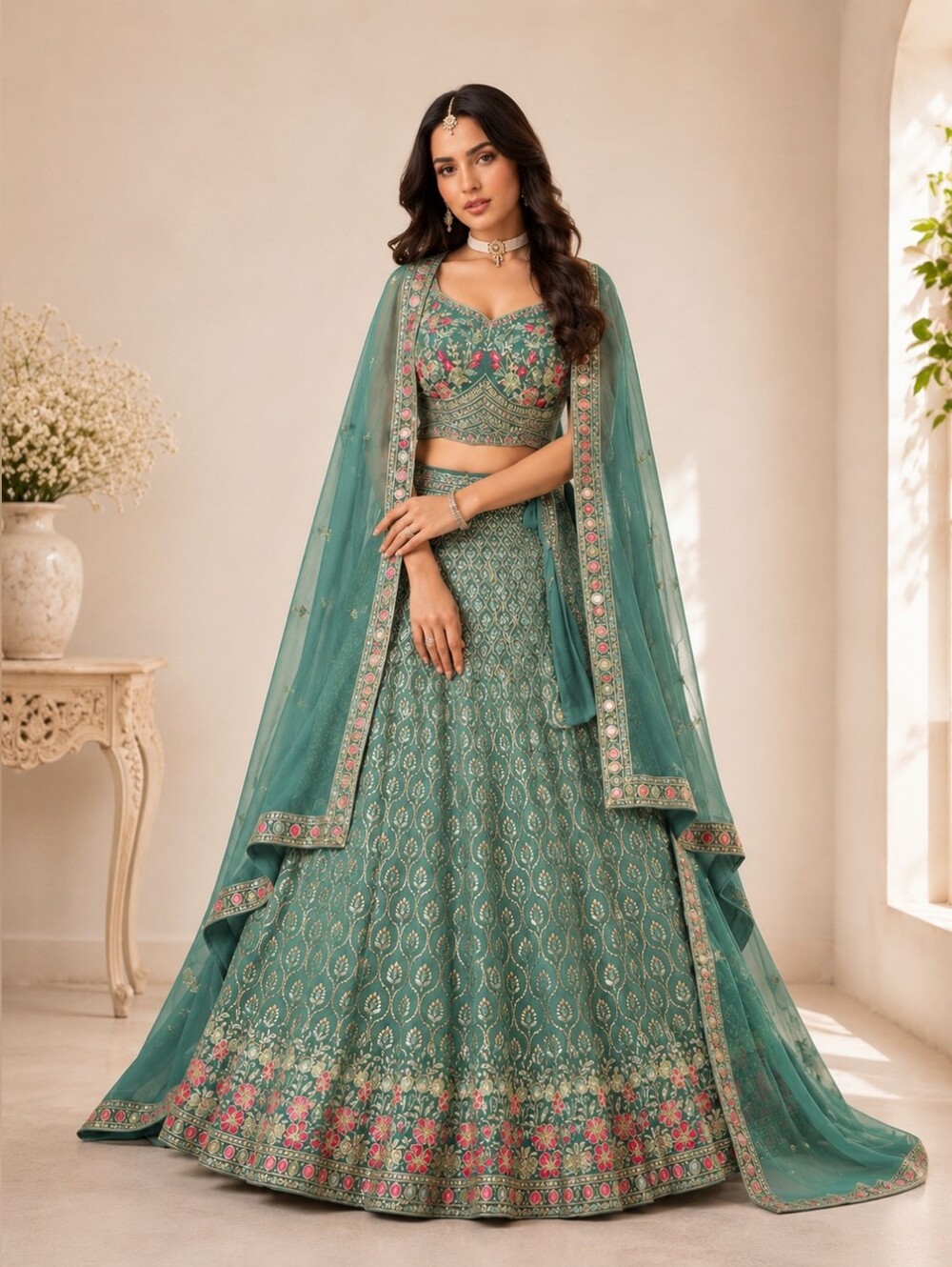 Green Gorgette With Embroidered Work Lehenga Choli